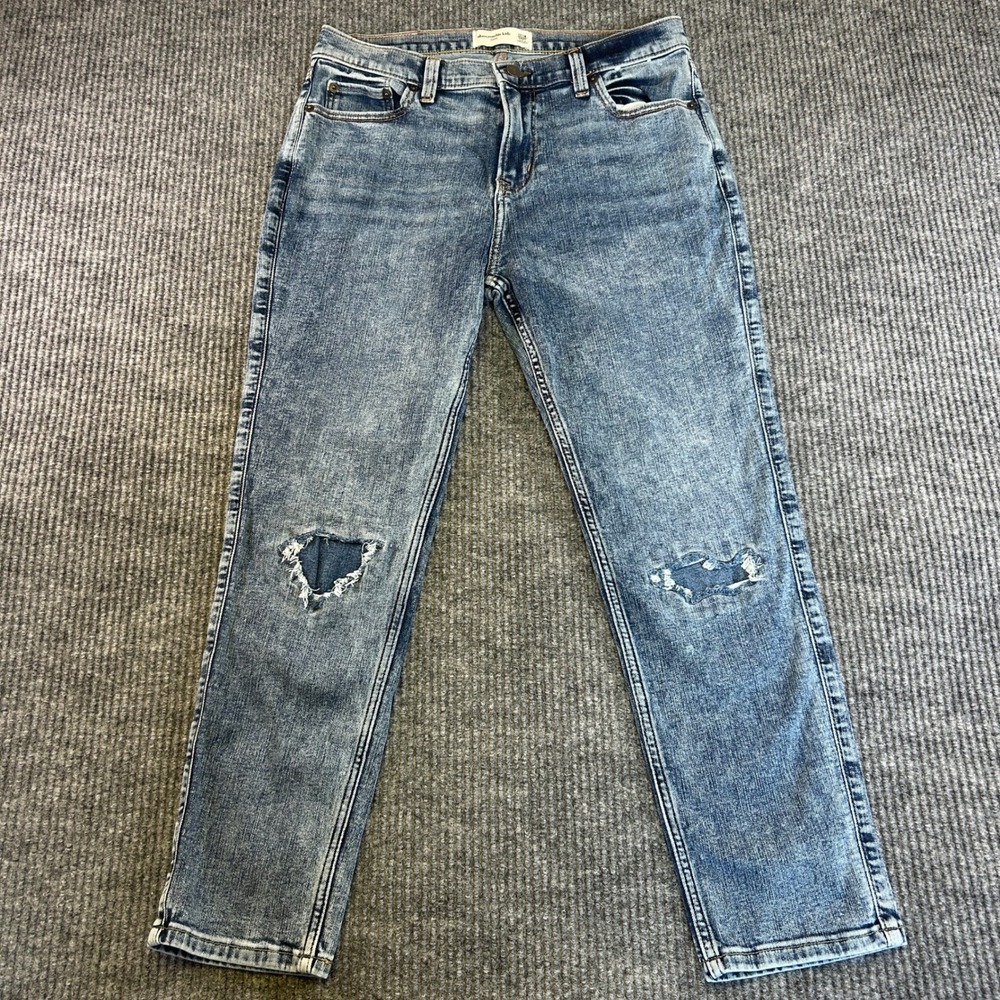 ABERCROMBIE KIDS TAPER JEANS 17/18 SHORT BLUE ACID WASH DISTRESSED COTTON BLEND